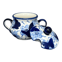 A picture of a Polish Pottery 3.5" Traditional Sugar Bowl (Blue Butterfly) | C015U-AS58 as shown at PolishPotteryOutlet.com/products/3-5-the-traditional-sugar-bowl-blue-butterfly-c015u-as58