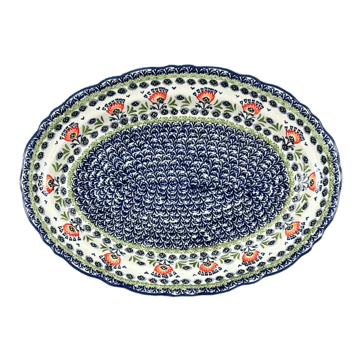 Platter, Oval, Scalloped, 16.75" x 12.25" Large in "Floral Fans" by Manufaktura | P165S-P314