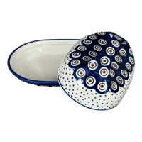 A picture of a Polish Pottery Fancy Butter Dish (Peacock Dot) | M077U-54K as shown at PolishPotteryOutlet.com/products/7-x-5-fancy-butter-dish-peacock-dot-m077u-54k