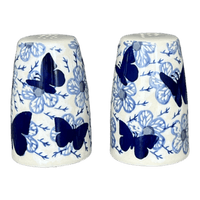 A picture of a Polish Pottery 3.75" Salt and Pepper (Blue Butterfly) | S086U-AS58 as shown at PolishPotteryOutlet.com/products/3-75-salt-and-pepper-blue-butterfly-s086u-as58