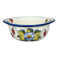 A picture of a Polish Pottery Bowl, Round, Soup, 22 oz, WR (WR51B) in "Strawberries & Blossoms" by W.R. Ceramika | WR51B-WR2 as shown at PolishPotteryOutlet.com/products/soup-bowl-small-casserole-strawberries-blossoms-wr51b-wr2