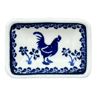 A picture of a Polish Pottery Zaklady 3.75" x 2.75" Tiny Rectangular Sauce Dish (Rooster Blues) | Y2024-D1149 as shown at PolishPotteryOutlet.com/products/3-75-x-2-75-tiny-rectangular-sauce-dish-rooster-blues-y2024-d1149