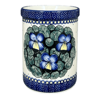 A picture of a Polish Pottery Utensil Holder (Pansies) | P082S-JZB as shown at PolishPotteryOutlet.com/products/utensil-holder-wine-chiller-pansies-p082s-jzb
