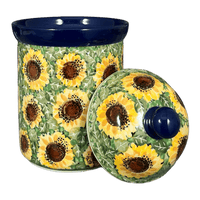 A picture of a Polish Pottery Canister, 1 Liter in "Sunflower Field" by Ceramika Artystyczna | A491-U4737 as shown at PolishPotteryOutlet.com/products/1-liter-canister-sunflower-field-a491-u4737