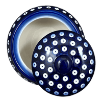 A picture of a Polish Pottery Container, Round, Covered, 5" x 4", WR (WR31I) in "Dot to Dot" by W.R. Ceramika | WR31I-SM2 as shown at PolishPotteryOutlet.com/products/round-covered-container-dot-to-dot