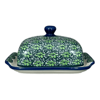 A picture of a Polish Pottery Butter Dish, 7" x 5.5" in "Pride of Ireland" by Ceramika Artystyczna | A295-2461X as shown at PolishPotteryOutlet.com/products/c-a-butter-dish-pride-of-ireland-a295-2461x