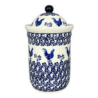 A picture of a Polish Pottery Zaklady 1 Liter Container (Rooster Blues) | Y1243-D1149 as shown at PolishPotteryOutlet.com/products/1-liter-container-rooster-blues-y1243-d1149