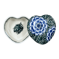 A picture of a Polish Pottery Heart Box, 4.5" in "Blue Dahlia" by Ceramika Artystyczna | A143-U1473 as shown at PolishPotteryOutlet.com/products/4-5-heart-box-blue-dahlia-a143-u1473