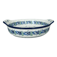 A picture of a Polish Pottery Baker, Round Handles, 10.25" in "Hyacinth in the Wind" by Ceramika Artystyczna | A417-2037X as shown at PolishPotteryOutlet.com/products/10-25-round-baker-with-handles-hyacinth-in-the-wind-a417-2037x