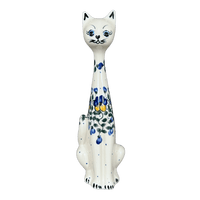 A picture of a Polish Pottery Figurine, Tall Cat, 12.5", WR (WR40A) in "Pansy Wreath" by W.R. Ceramika | WR40A-EZ2 as shown at PolishPotteryOutlet.com/products/wr-12-5-tall-cat-figurine-pansy-wreath-wr40a-ez2