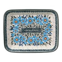 A picture of a Polish Pottery 8"x10" Rectangular Baker (Baby Blue Blossoms - Solid Rim) | P103S-JS49A as shown at PolishPotteryOutlet.com/products/8x10-rectangular-baker-baby-blue-blossoms-solid-rim-p103s-js49a
