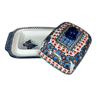 A picture of a Polish Pottery CA Butter Dish (Butterfly Parade) | A295-U1493 as shown at PolishPotteryOutlet.com/products/c-a-butter-dish-butterfly-parade-a295-u1493