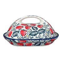 A picture of a Polish Pottery Fancy Butter Dish (Strawberry Fields) | M077U-AS59 as shown at PolishPotteryOutlet.com/products/7-x-5-fancy-butter-dish-strawberry-fields-m077u-as59