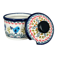 A picture of a Polish Pottery Zaklady 4" Sugar Bowl (Circling Bluebirds) | Y698-ART214 as shown at PolishPotteryOutlet.com/products/4-sugar-bowl-circling-bluebirds-y698-art214