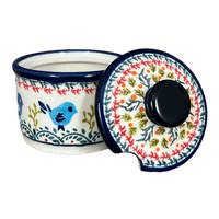 A picture of a Polish Pottery Bowl, Round, Sugar Bowl, 4" in "Circling Bluebirds" by Zaklady | Y698-ART214 as shown at PolishPotteryOutlet.com/products/4-sugar-bowl-circling-bluebirds-y698-art214