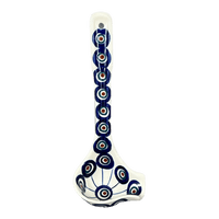 A picture of a Polish Pottery Gravy Ladle (Peacock in Line) | L015T-54A as shown at PolishPotteryOutlet.com/products/7-5-gravy-ladle-peacock-in-line-l015t-54a