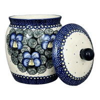 A picture of a Polish Pottery Canister, 2 Liter in "Pansies" by Manufaktura | P074S-JZB as shown at PolishPotteryOutlet.com/products/2-liter-canister-pansies-p074s-jzb