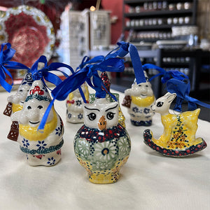 Polish Pottery ornaments hand painted owl gnome deer holiday christmas