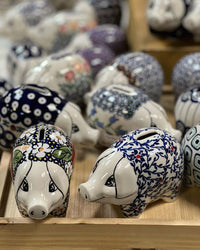 A picture of a Polish Pottery Piggy Bank (Dot to Dot) | S011T-70A as shown at PolishPotteryOutlet.com/products/piggy-bank-dot-to-dot-s011t-70a