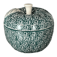 A picture of a Polish Pottery CA Large Apple Baker (Going Green) | A034-1885Q as shown at PolishPotteryOutlet.com/products/large-apple-baker-going-green-a034-1885q