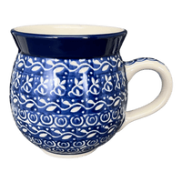 A picture of a Polish Pottery 12 oz. Belly Mug (Wavy Blues) | A070-905X as shown at PolishPotteryOutlet.com/products/12-oz-belly-mug-swirling-vines-a070-905x