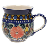 A picture of a Polish Pottery CA 12 oz. Belly Mug (Regal Roosters) | A070-U2617 as shown at PolishPotteryOutlet.com/products/12-oz-belly-mug-regal-roosters