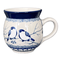 A picture of a Polish Pottery C.A. 12 oz. Belly Mug (Bullfinch on Blue) | A070-U4830 as shown at PolishPotteryOutlet.com/products/12-oz-belly-mug-bullfinch-on-blue-a070-u4830