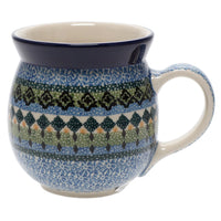 A picture of a Polish Pottery CA 16 oz. Belly Mug (Aztec Blues) | A073-U4428 as shown at PolishPotteryOutlet.com/products/large-belly-mug-aztec-blues