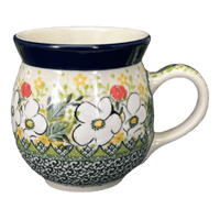 A picture of a Polish Pottery CA 16 oz. Belly Mug (White Cosmos) | A073-U4813 as shown at PolishPotteryOutlet.com/products/large-belly-mug-white-cosmos-a073-u4813