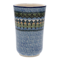 A picture of a Polish Pottery CA 12 oz. Tumbler (Aztec Blues) | A076-U4428 as shown at PolishPotteryOutlet.com/products/12-oz-tumbler-aztec-blues