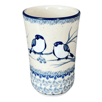 A picture of a Polish Pottery CA 12 oz. Tumbler (Bullfinch on Blue) | A076-U4830 as shown at PolishPotteryOutlet.com/products/12-oz-tumbler-bullfinch-on-blue-a076-u4830