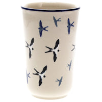 A picture of a Polish Pottery CA 12 oz. Tumbler (Birds of a Feather) | A076-U4832 as shown at PolishPotteryOutlet.com/products/12-oz-tumbler-birds-of-a-feather