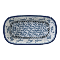 A picture of a Polish Pottery CA Small Deep Oval Baker (Periwinkle Pond) | A084-2385X as shown at PolishPotteryOutlet.com/products/small-deep-oval-baker-periwinkle-pond-a084-2385x