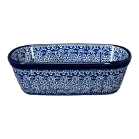 A picture of a Polish Pottery CA Small Deep Oval Baker (Blue Wheels) | A084-884X as shown at PolishPotteryOutlet.com/products/small-deep-oval-baker-blue-wheels-a084-884x