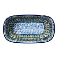 A picture of a Polish Pottery CA Small Deep Oval Baker (Aztec Blues) | A084-U4428 as shown at PolishPotteryOutlet.com/products/small-deep-oval-baker-aztec-blues-a084-u4428