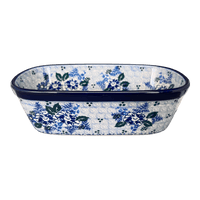 A picture of a Polish Pottery Small Deep Oval Baker (Periwinkle Posies) | A084-U4462 as shown at PolishPotteryOutlet.com/products/small-deep-oval-baker-periwinkle-posies-a084-u4462