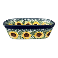 A picture of a Polish Pottery CA Small Deep Oval Baker (Sunflowers) | A084-U4739 as shown at PolishPotteryOutlet.com/products/small-deep-oval-baker-sunflowers-a084-u4739
