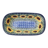 A picture of a Polish Pottery C.A. Small Deep Oval Baker (Sunflowers) | A084-U4739 as shown at PolishPotteryOutlet.com/products/small-deep-oval-baker-sunflowers-a084-u4739
