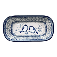 A picture of a Polish Pottery Small Deep Oval Baker (Bullfinch on Blue) | A084-U4830 as shown at PolishPotteryOutlet.com/products/small-deep-oval-baker-bullfinch-on-blue-a084-u4830