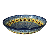 A picture of a Polish Pottery CA 12.75" Wide Shallow Bowl (Sunflowers) | A115-U4739 as shown at PolishPotteryOutlet.com/products/12-75-wide-shallow-bowl-sunflowers-a115-u4739