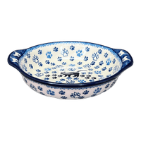 A picture of a Polish Pottery Small Round Casserole (Cat Tracks) | A142-1771 as shown at PolishPotteryOutlet.com/products/small-round-casserole-cat-tracks-a142-1771
