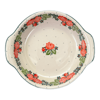 A picture of a Polish Pottery C.A. Small Round Casserole (Classic Rose) | A142-2120Q as shown at PolishPotteryOutlet.com/products/small-round-casserole-classic-rose-a142-2120q