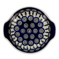 A picture of a Polish Pottery CA Small Round Casserole (Peacock) | A142-54 as shown at PolishPotteryOutlet.com/products/small-round-casserole-peacock