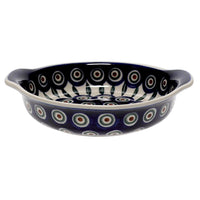 A picture of a Polish Pottery C.A. Small Round Casserole (Peacock) | A142-54 as shown at PolishPotteryOutlet.com/products/small-round-casserole-peacock