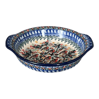 A picture of a Polish Pottery CA Small Round Casserole (Feathered Friends) | A142-U2649 as shown at PolishPotteryOutlet.com/products/small-round-casserole-feathered-friends-a142-u2649