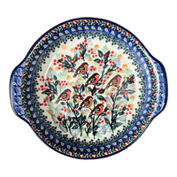 A picture of a Polish Pottery CA Small Round Casserole (Feathered Friends) | A142-U2649 as shown at PolishPotteryOutlet.com/products/small-round-casserole-feathered-friends-a142-u2649