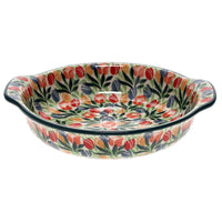 A picture of a Polish Pottery CA Small Round Casserole (Tulip Burst) | A142-U4226 as shown at PolishPotteryOutlet.com/products/small-round-casserole-tulip-burst