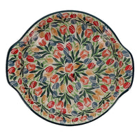 A picture of a Polish Pottery CA Small Round Casserole (Tulip Burst) | A142-U4226 as shown at PolishPotteryOutlet.com/products/small-round-casserole-tulip-burst