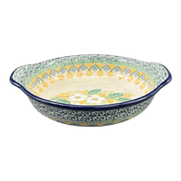 A picture of a Polish Pottery Small Round Casserole (Lemon Flower) | A142-U4810 as shown at PolishPotteryOutlet.com/products/small-round-casserole-lemon-flower-a142-u4810