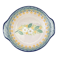 A picture of a Polish Pottery Small Round Casserole (Lemon Flower) | A142-U4810 as shown at PolishPotteryOutlet.com/products/small-round-casserole-lemon-flower-a142-u4810